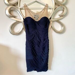 ADRIANNA PAPELL Navy Blue Rouched Beaded Pearls Sleeveless Cocktail Dress | Sz 8